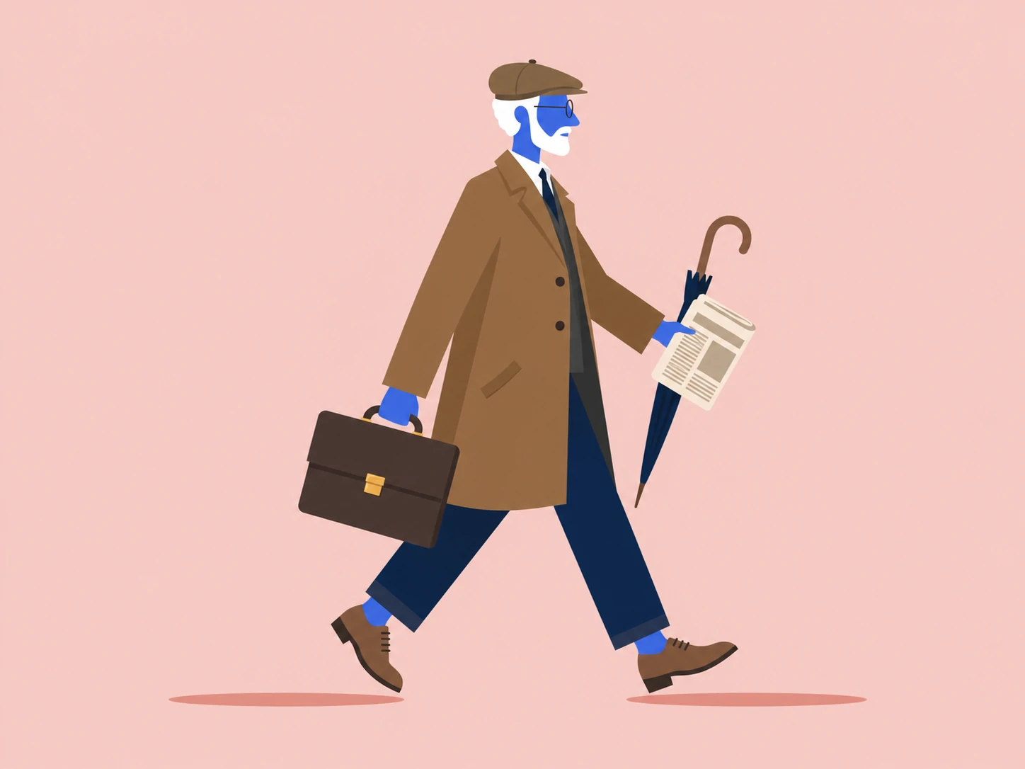 A flat vector illustration of a distinguished elderly gentleman walking in profile while carrying a briefcase, umbrella, and newspaper.