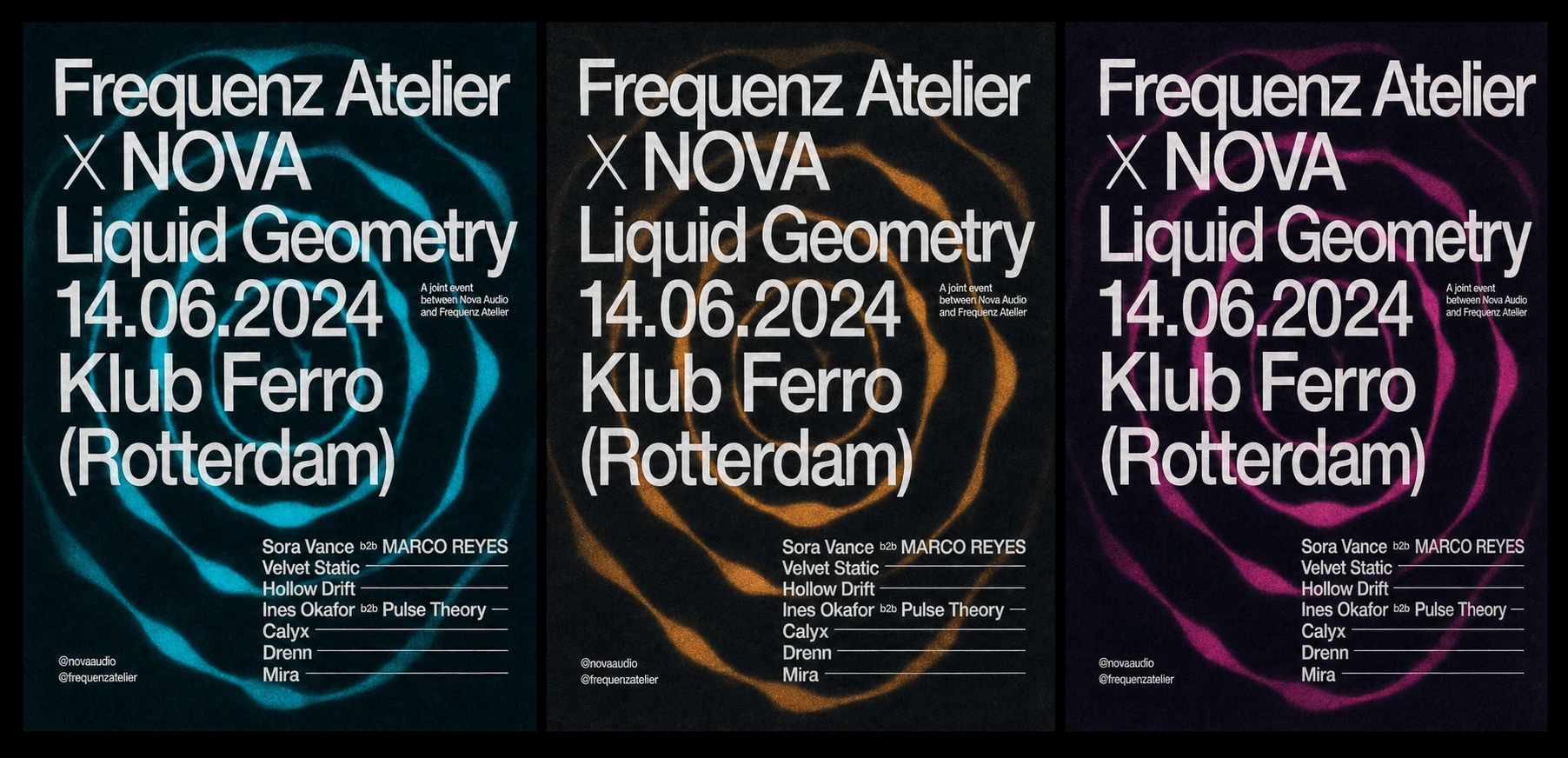 A triptych of minimalist electronic-music event posters featuring a glowing concentric liquid-swirl motif behind bold sans-serif typography.
