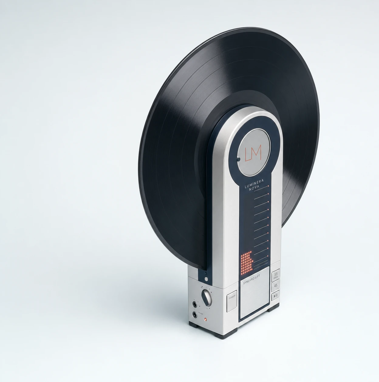 A futuristic vertical turntable holding a spinning vinyl record upright, rendered as a premium product hero shot.