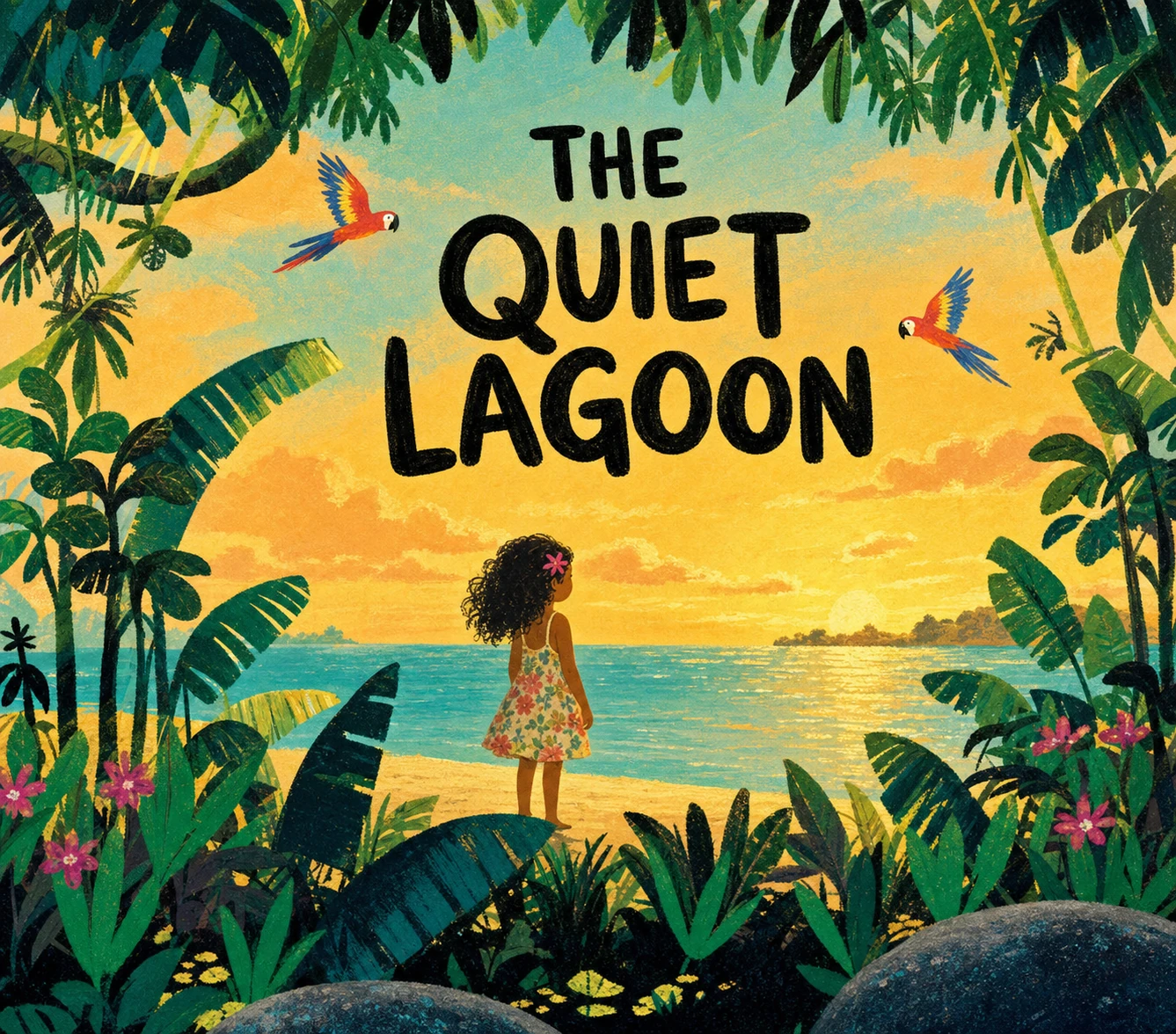 A children's book-style illustration of a young child gazing at a tropical lagoon at sunset, framed by lush jungle foliage with a hand-lettered title.