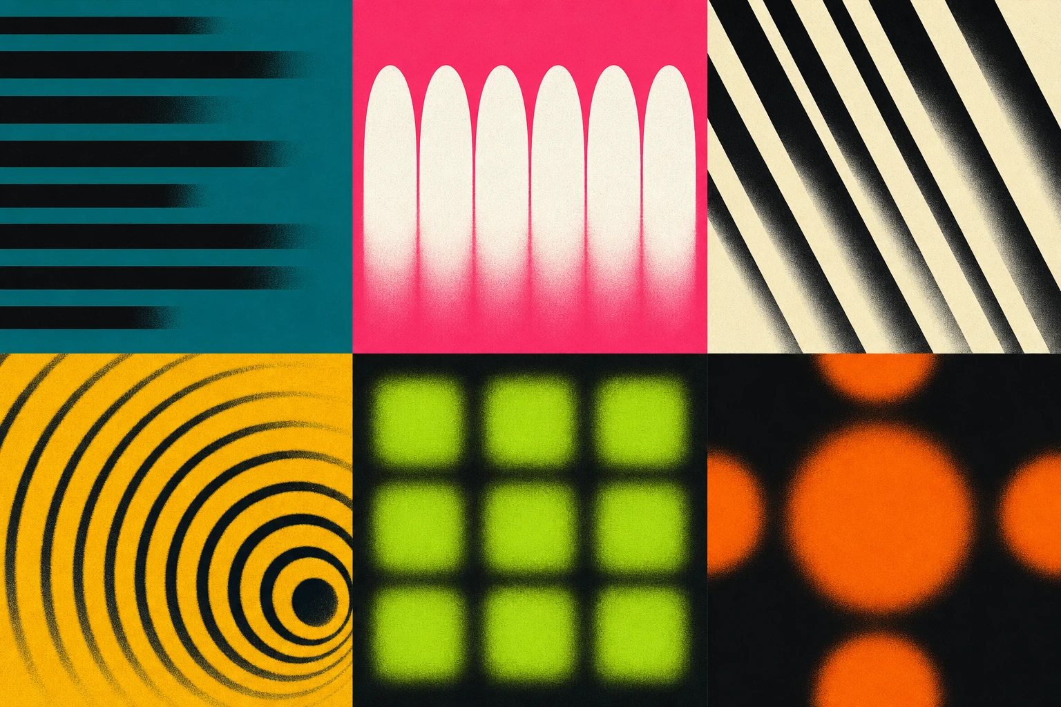 A six-panel grid of bold, retro-styled abstract geometric patterns each rendered in a single high-contrast color pairing with soft gradient blur.