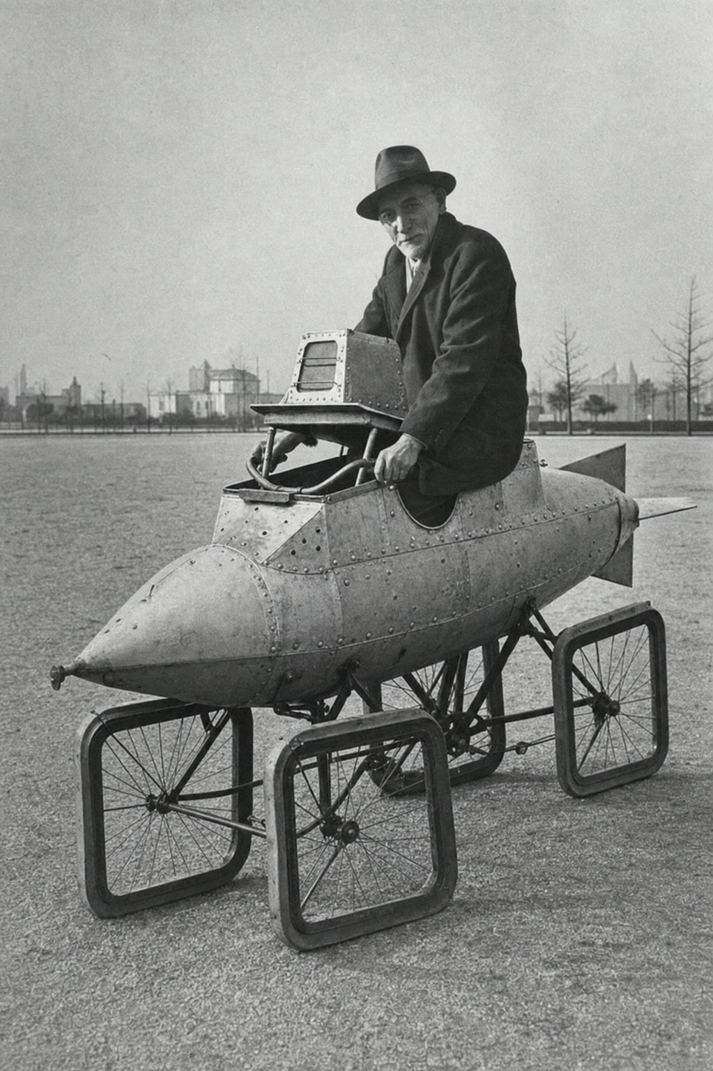 A vintage black-and-white photograph of an inventor seated inside a whimsical rocket-shaped riveted-metal vehicle with oversized square wheels, parked in an ope