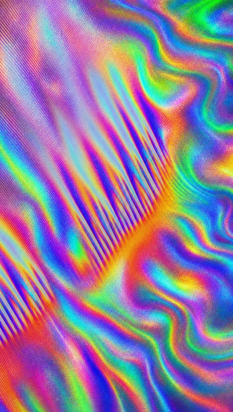 An abstract holographic iridescent texture filled with rippling rainbow waves and shimmering diagonal interference lines.