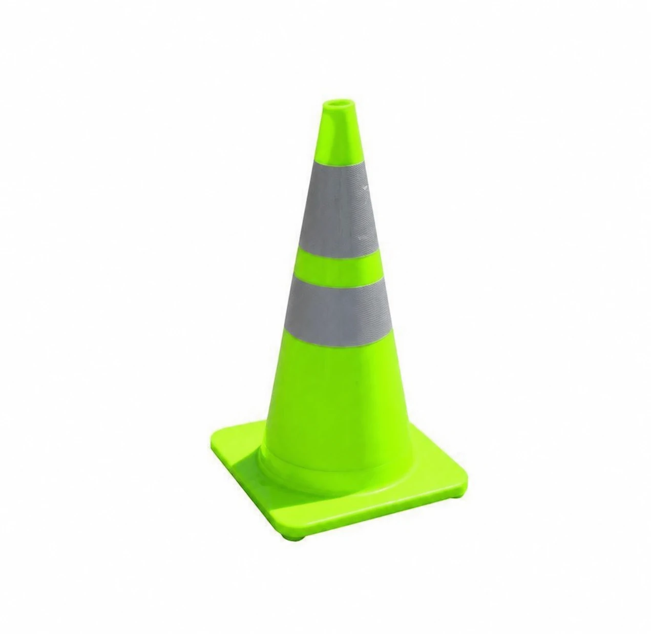 A studio product photo of a single fluorescent green traffic safety cone with two reflective bands on a clean white background.