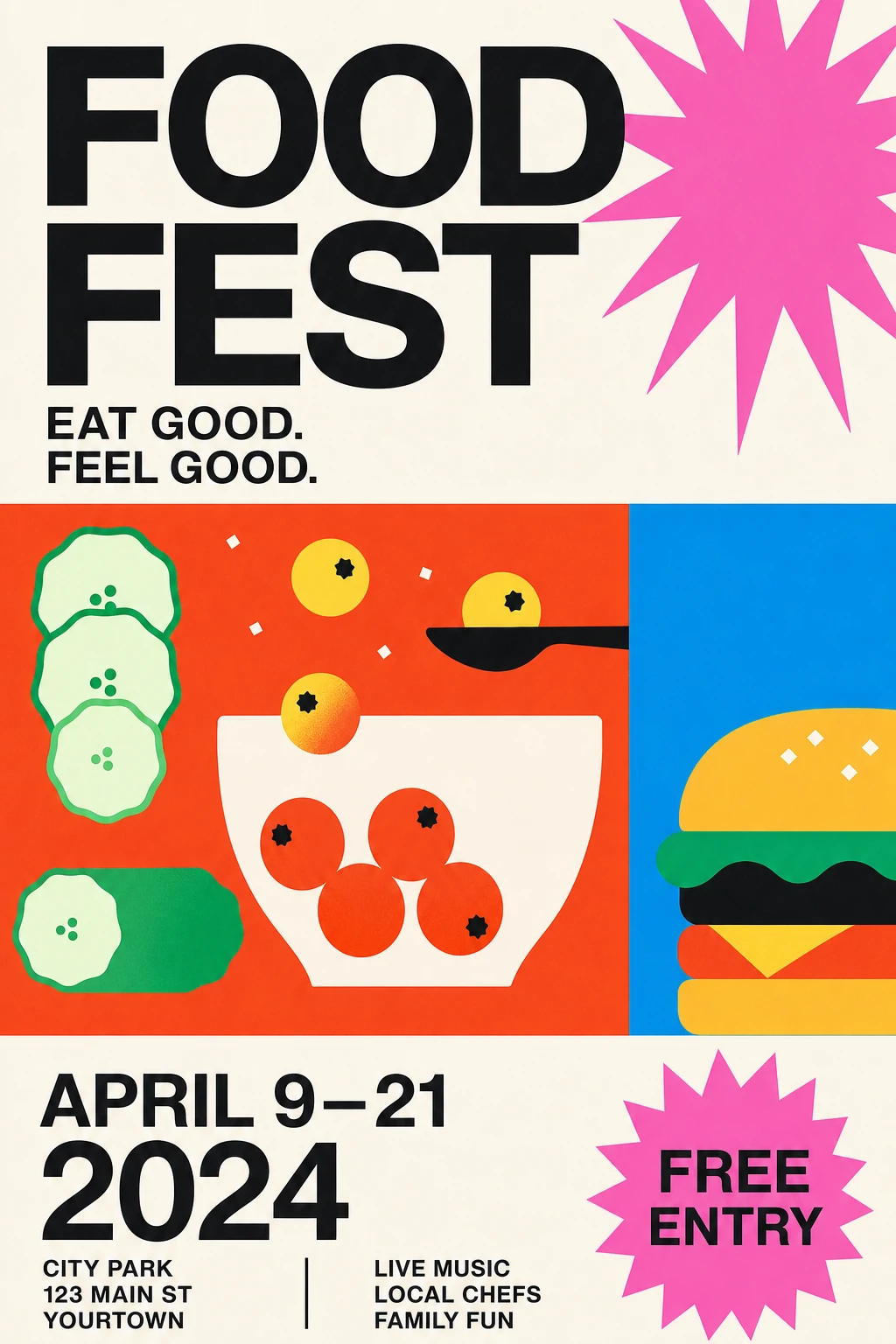 A bold, retro-modern food festival poster pairing oversized black headline type with flat, vibrant illustrations of food and a pink starburst badge.