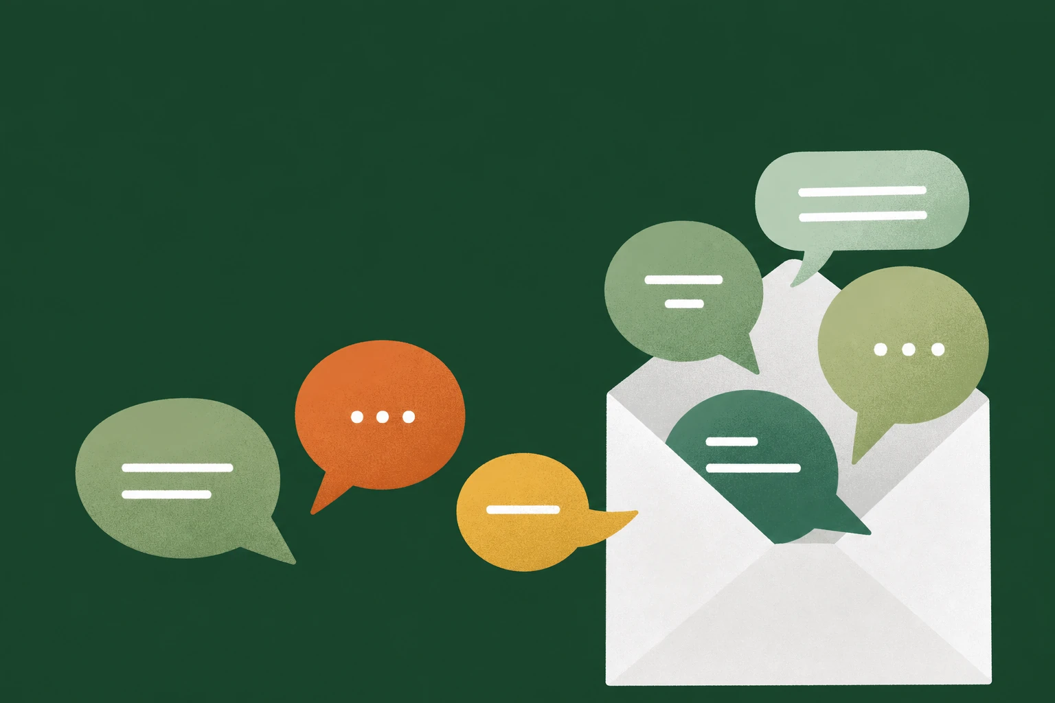 A flat textured illustration of an open envelope spilling out a cluster of colorful chat speech bubbles.