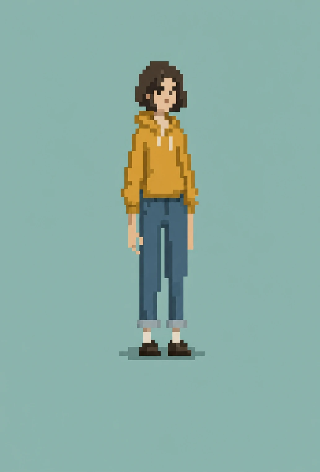 A full-body pixel-art character of a young person in casual streetwear standing centered against a flat muted background.