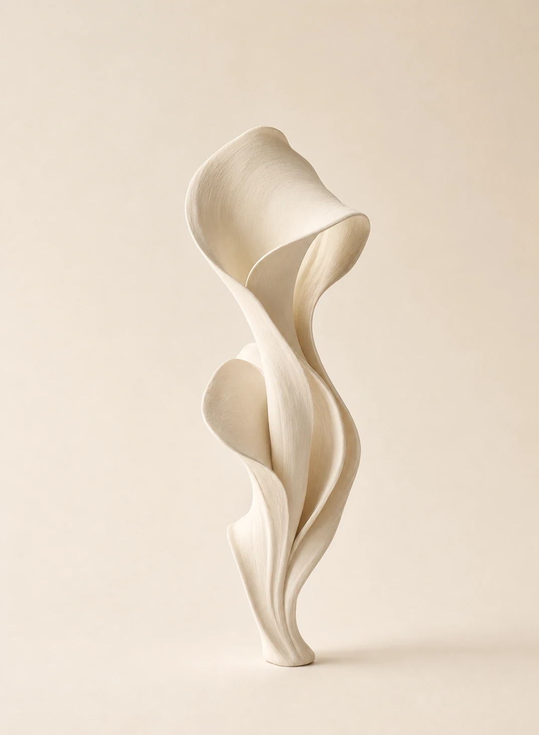 An elegant abstract cream-colored sculpture with fluid, petal-like curves photographed against a soft neutral backdrop.