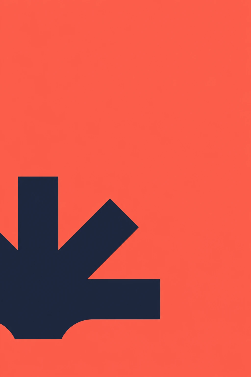 A bold, minimalist geometric mark in dark navy emerging from the lower-left corner against a flat coral-red field.
