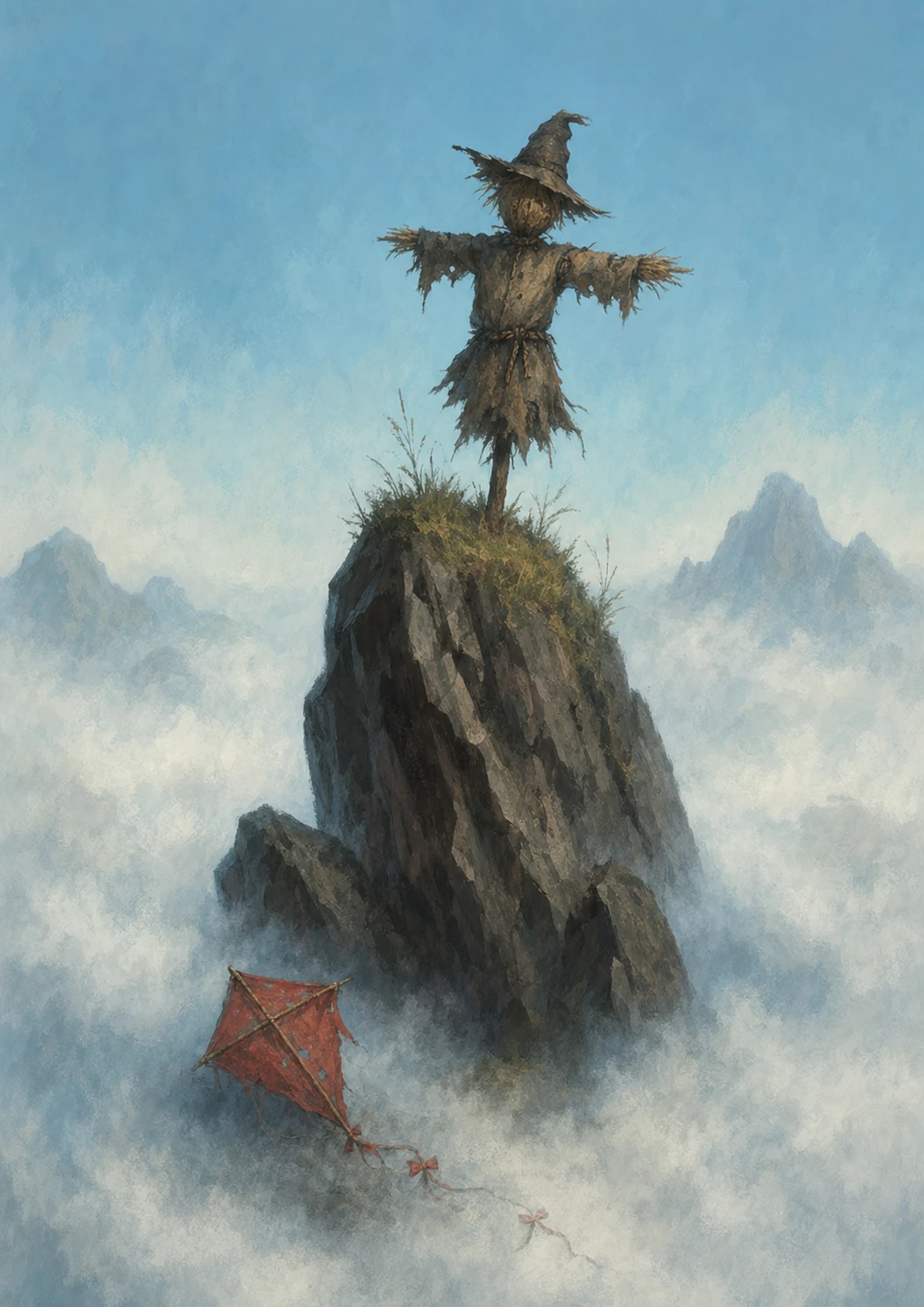 A solitary scarecrow stands atop a craggy rock pinnacle rising above a sea of clouds, with a stranded red kite resting nearby.