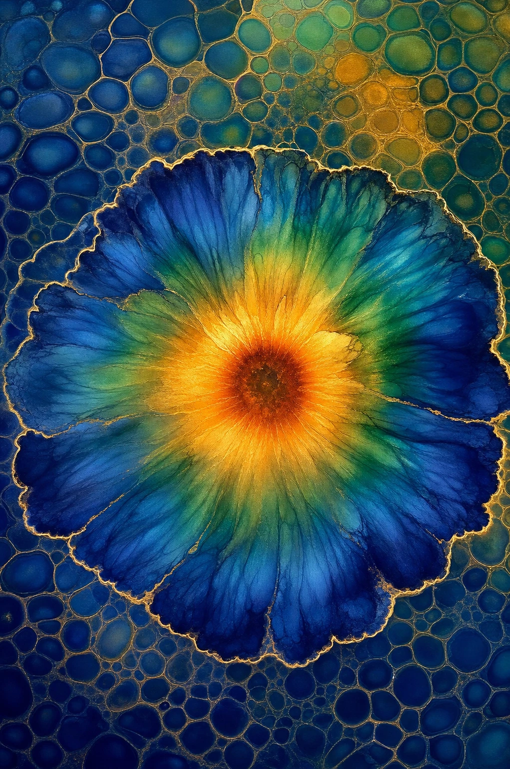 An abstract alcohol-ink bloom rendered as a radiant flower-like burst with gold-veined cellular textures.