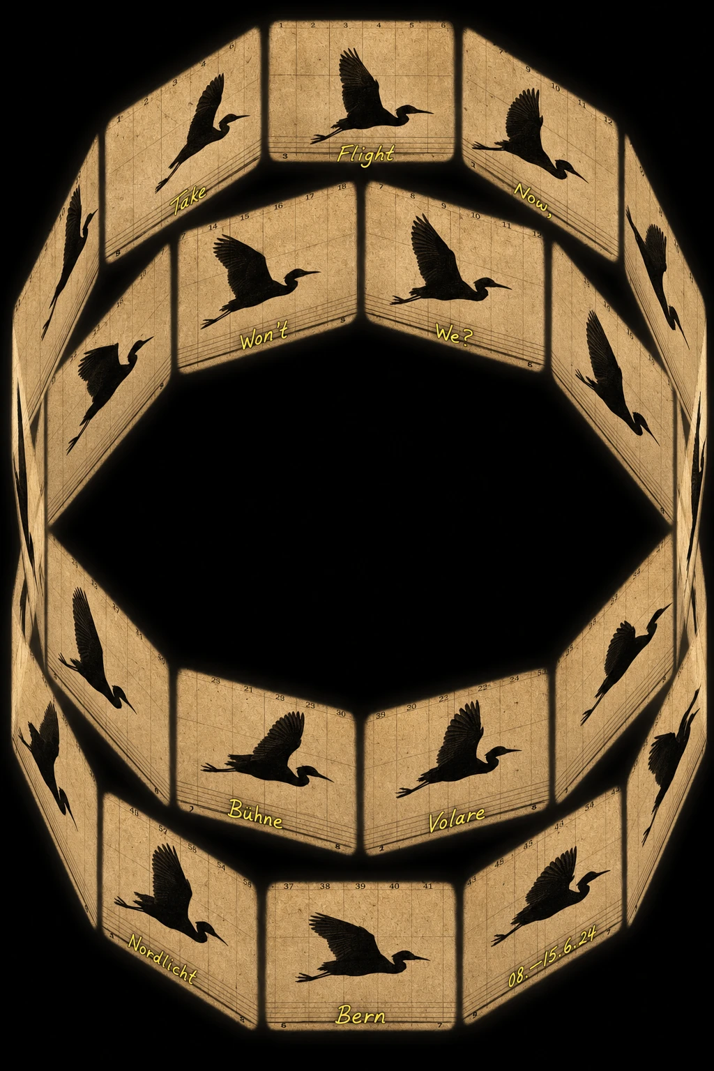 A vertical 3D ring of vintage parchment cards arranged in a tunnel, each showing a black silhouette of a heron in successive flight poses against a dark void.