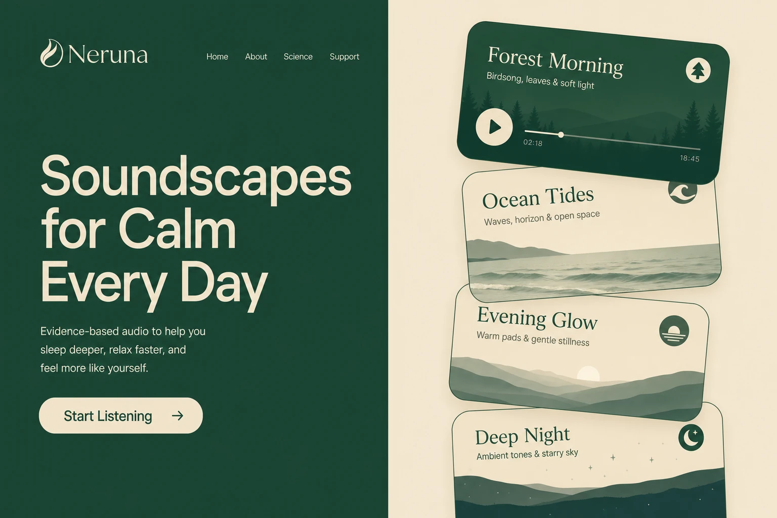 A calm, nature-themed landing page hero for a wellness audio brand, split between a deep-green text panel and a stacked column of soundscape cards on cream.