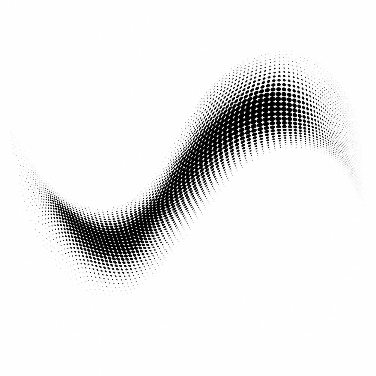 An abstract black halftone wave made of variable-sized dots flowing in an S-curve across a white field.