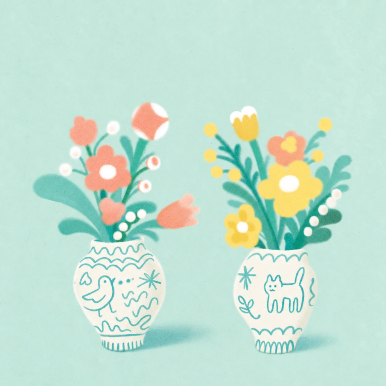 Two whimsical hand-decorated ceramic vases holding cheerful flower bouquets, rendered in a soft painterly illustration.