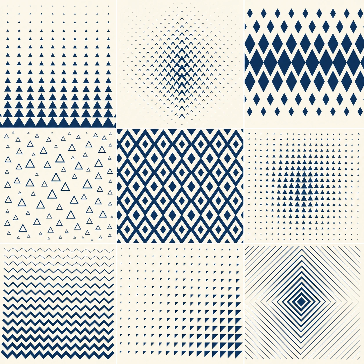 A 3x3 grid of nine minimalist geometric patterns rendered in navy on cream, each a different repeating motif.