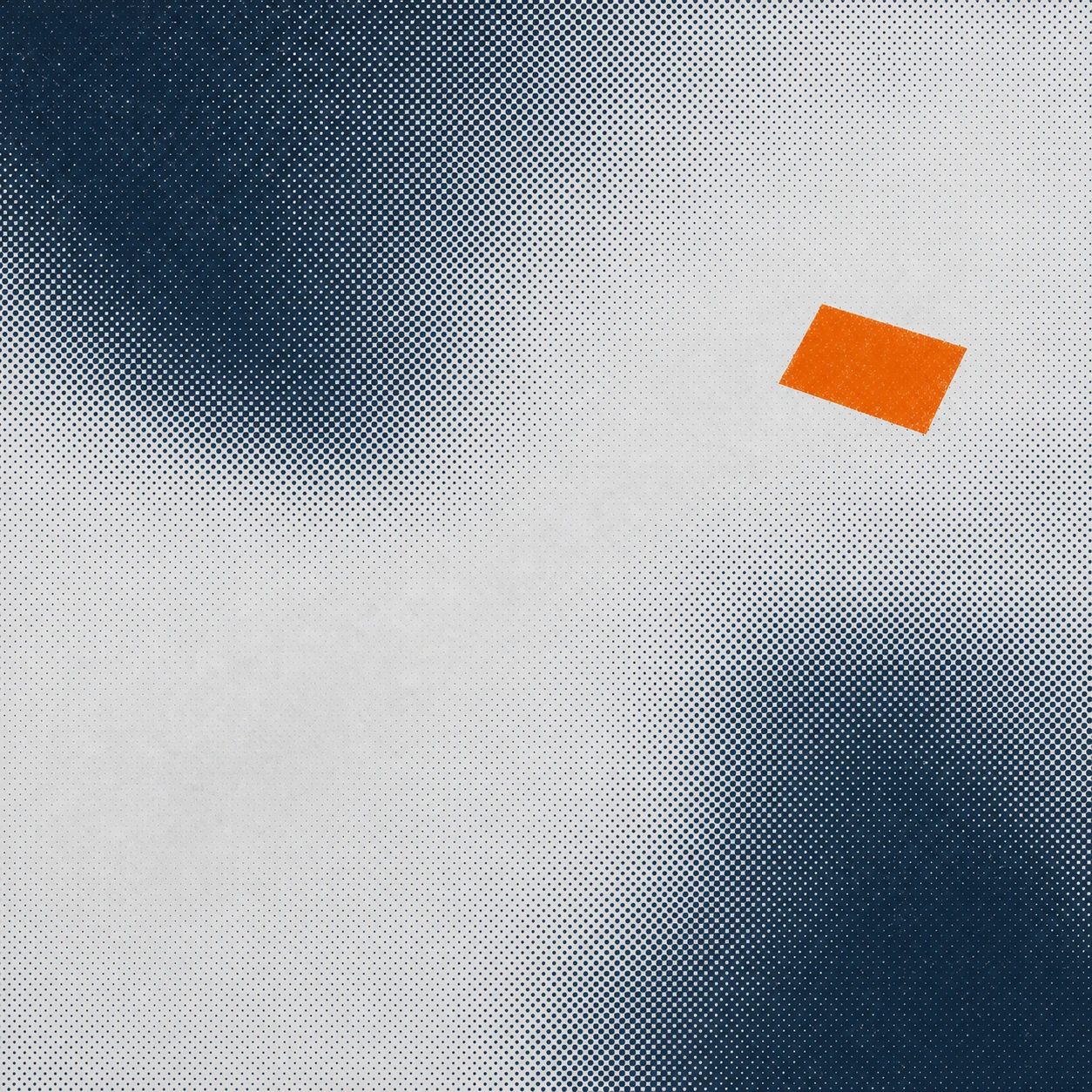 An abstract halftone-dot composition with a navy-to-cream gradient and a single tilted orange rectangle as the focal accent.