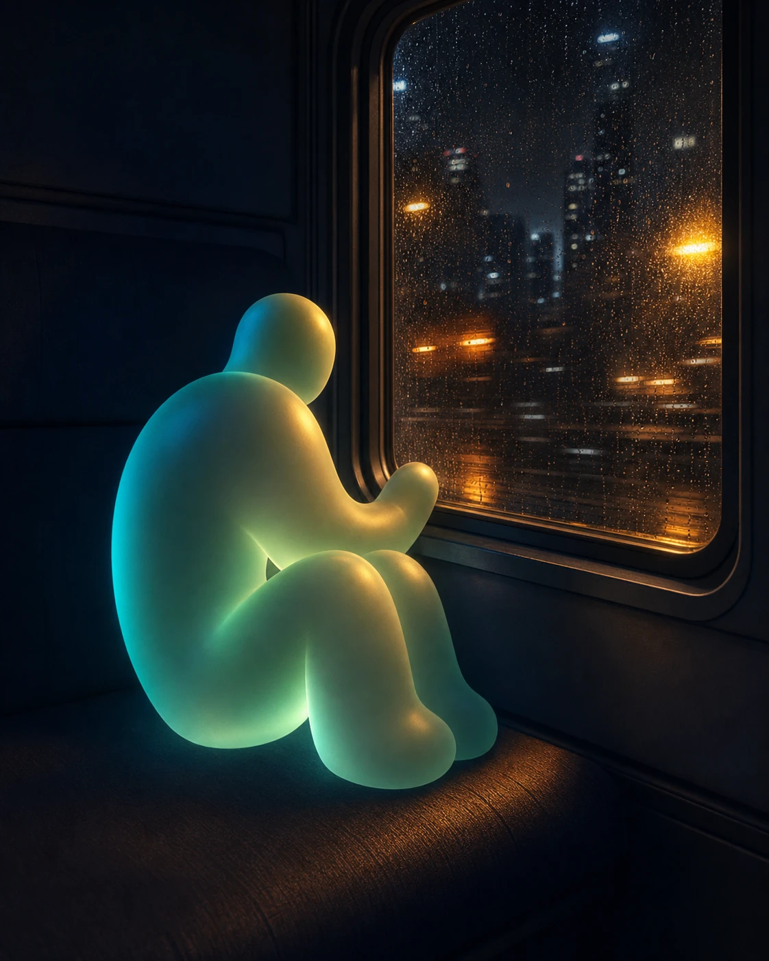 A glowing, faceless blob-like figure sits curled on a dark train seat, gazing out a rain-streaked window at a blurred night city.