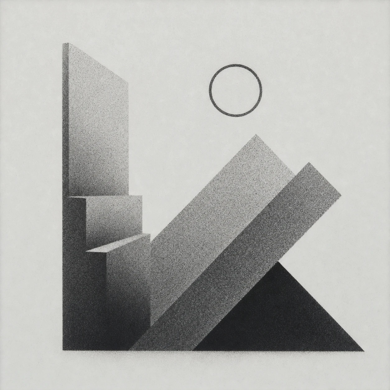 A monochrome stippled illustration of abstract geometric prisms and a thin circular outline against a pale ground.