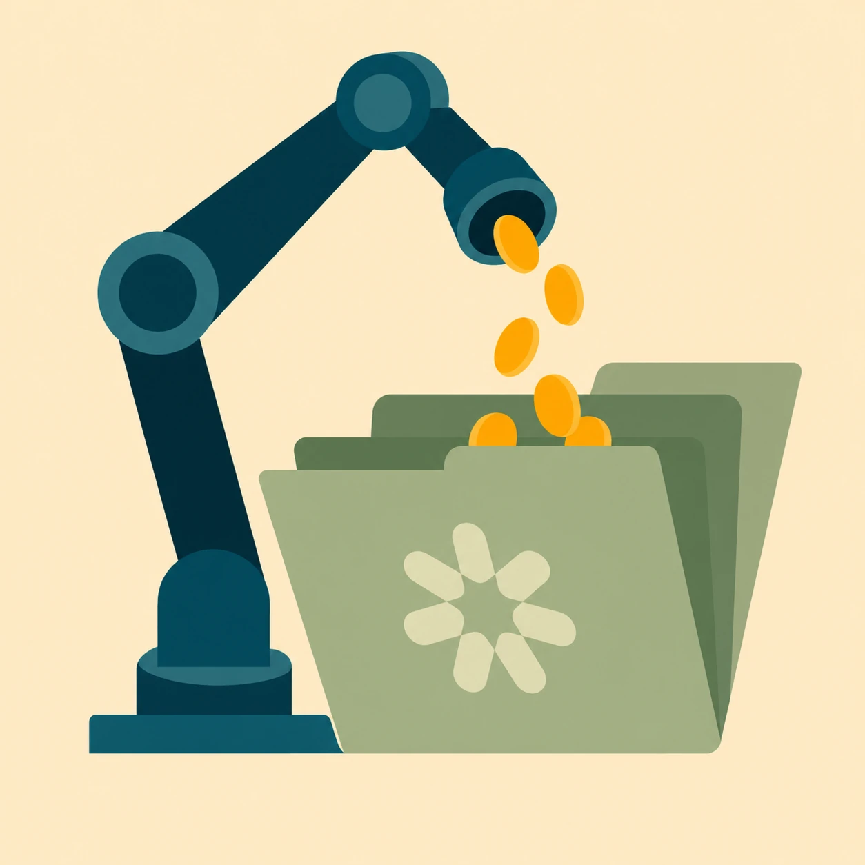 A flat vector illustration of an industrial robotic arm dropping gold coins into a green file folder.