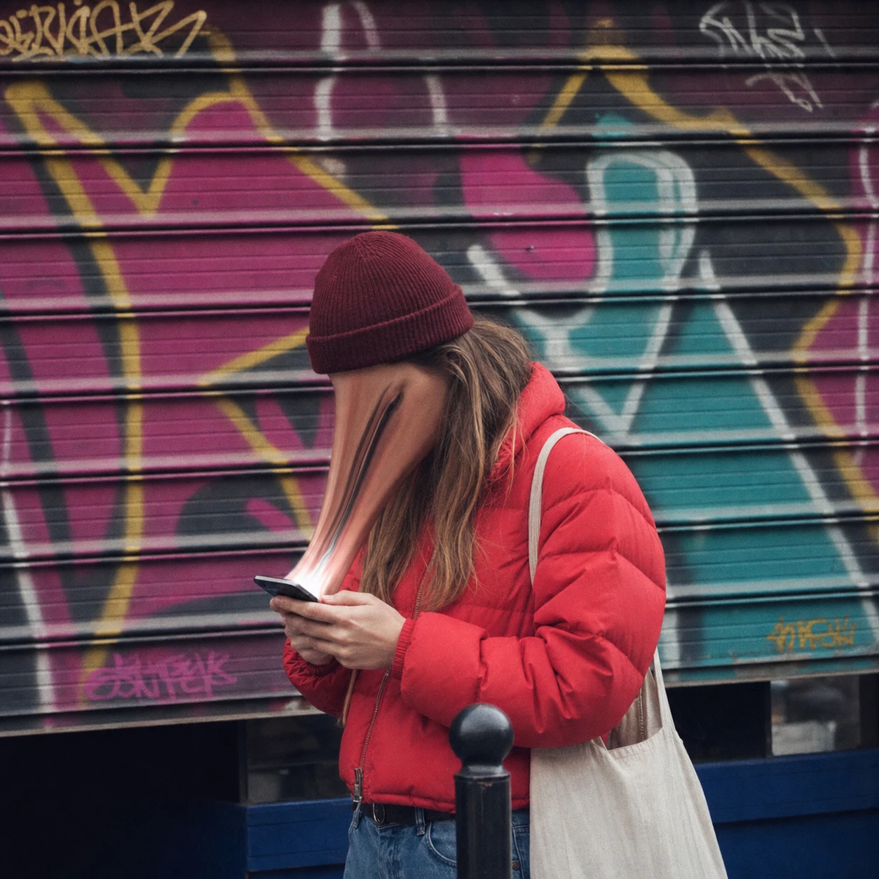 A surreal street-photography portrait of a person whose face is stretched and pulled toward their phone, set against a vivid graffiti wall.