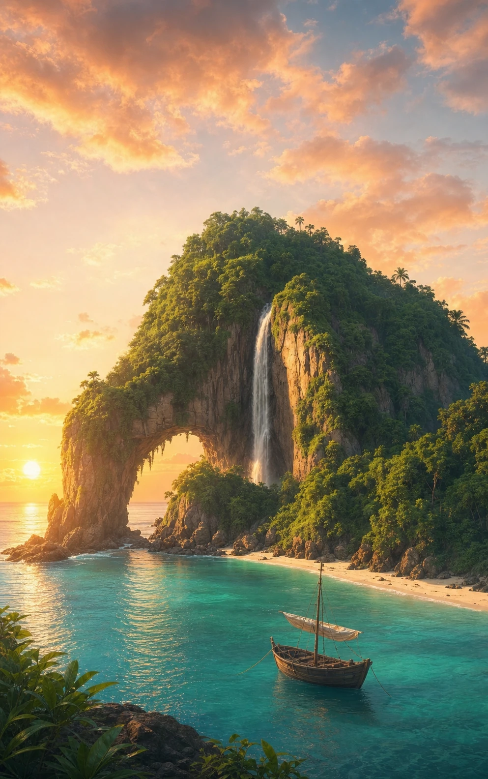 A lush tropical island with a natural rock arch and cascading waterfall at golden-hour sunset, with a small wooden sailboat in turquoise water.