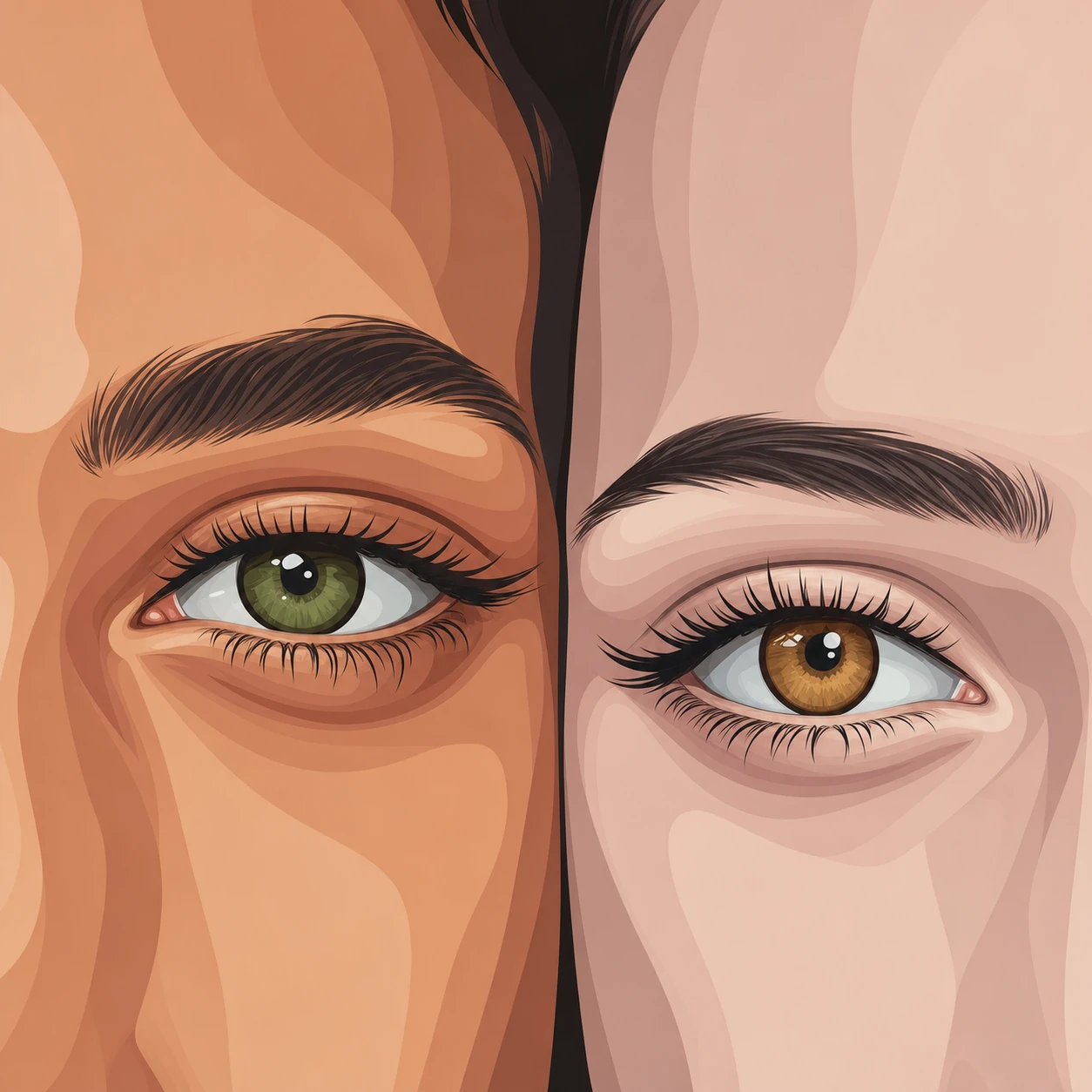 A stylized close-up diptych of two different people's eyes meeting at a central vertical seam.