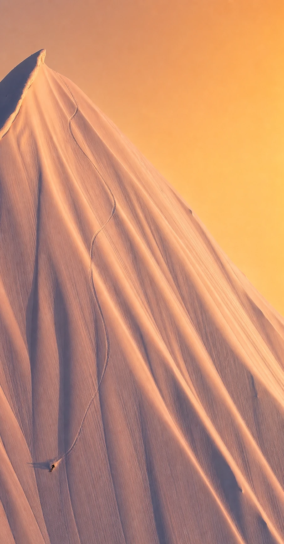 A lone skier carving a long winding track down a vast snow-covered peak bathed in warm golden light.