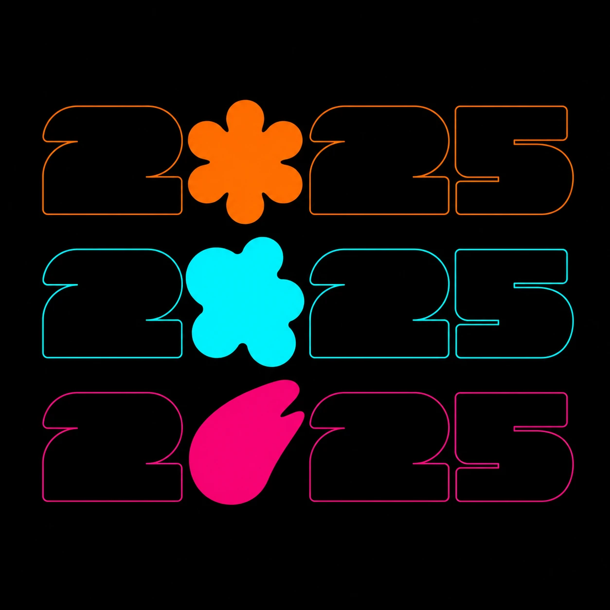 A bold typographic poster repeating a year numeral three times in neon outline lettering, with the second digit replaced by a vivid solid-color organic blob sha