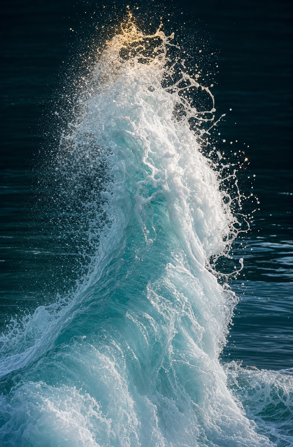 A dramatic high-speed photograph of a towering ocean wave erupting upward into a frozen burst of spray, kissed by golden light at its crest.
