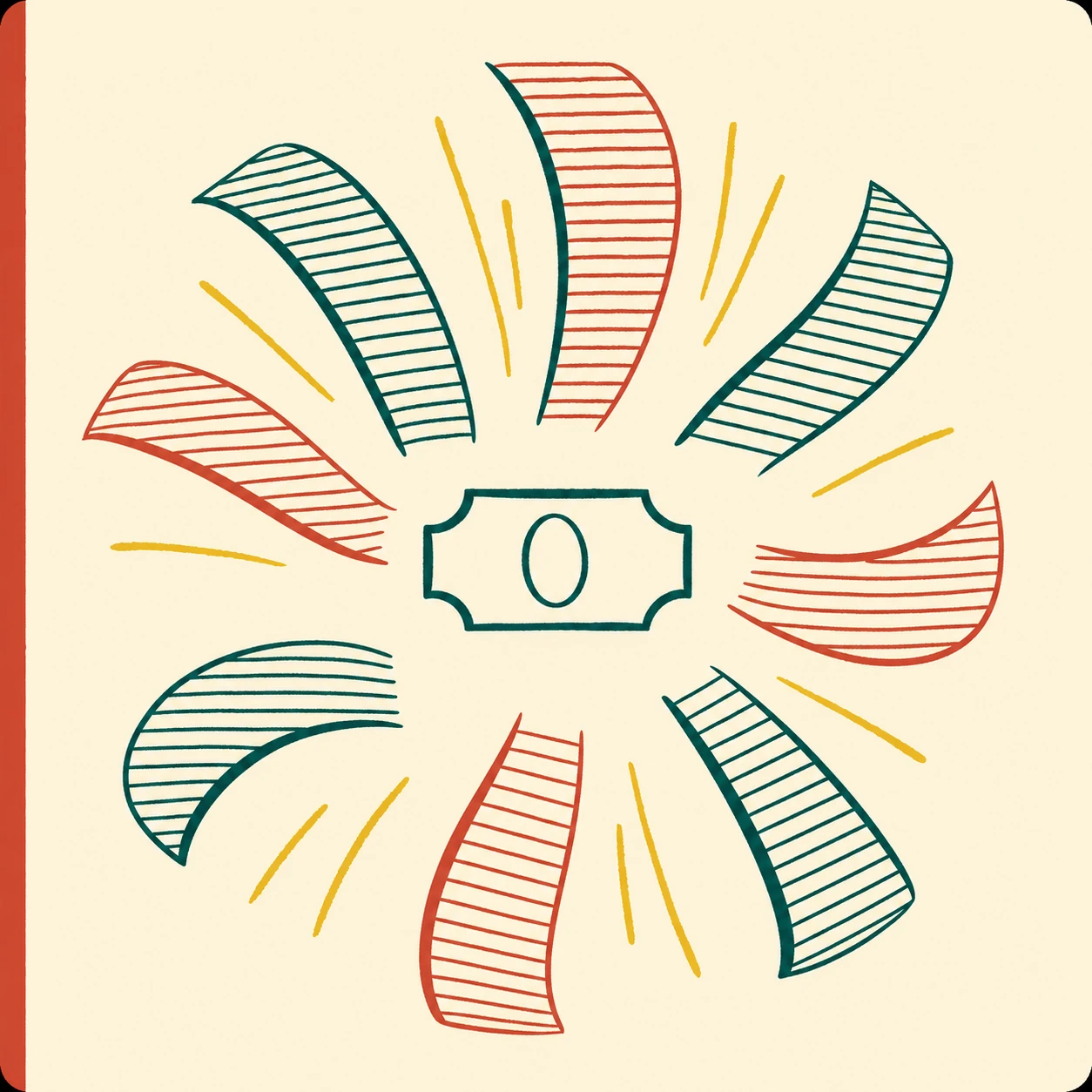 A hand-drawn radial pinwheel of striped petals encircling a small ornate cartouche containing a single letter, on a warm cream ground.