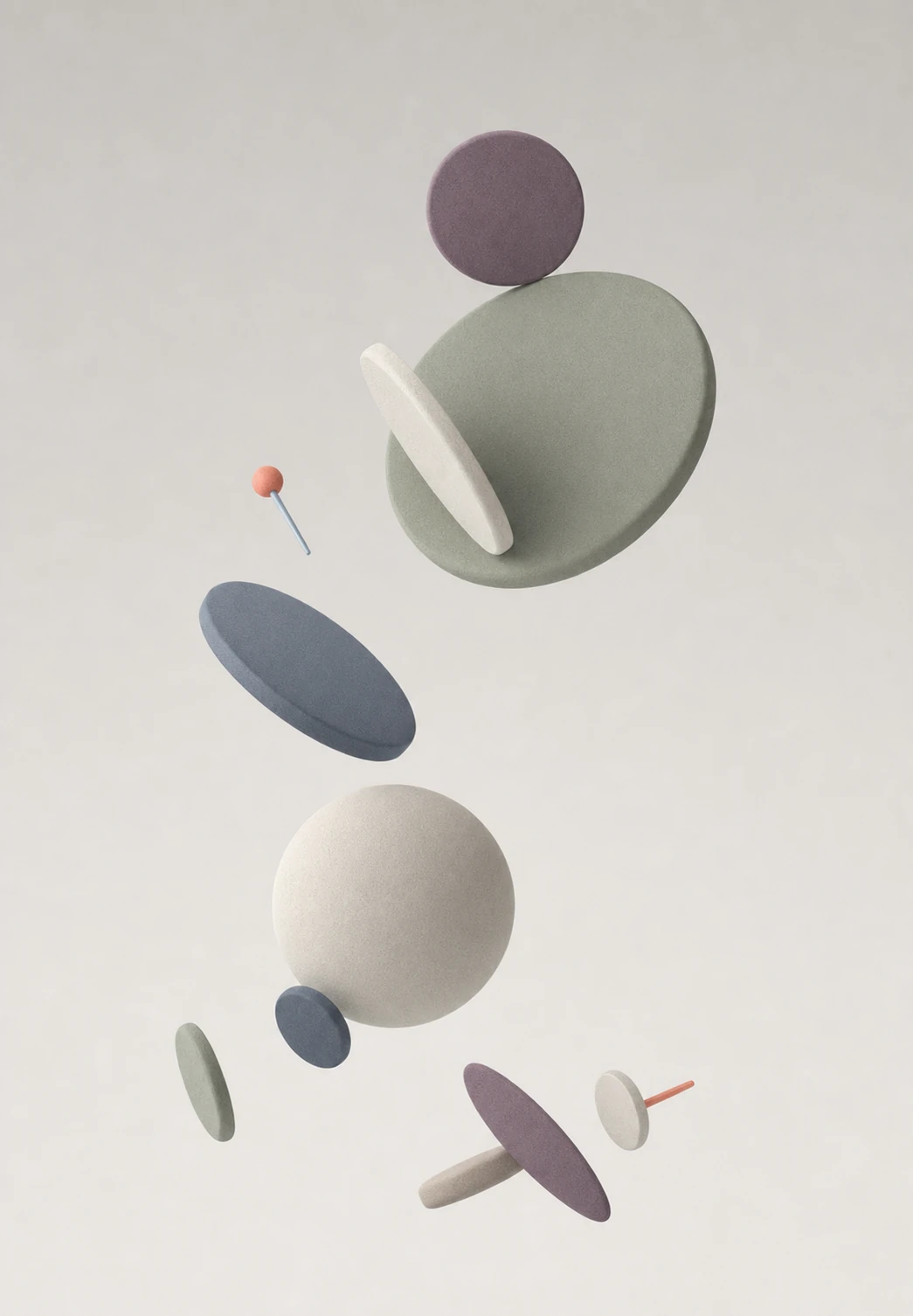 A floating arrangement of matte, soft-textured 3D geometric shapes—discs, spheres, and pins—suspended in a calm neutral space.