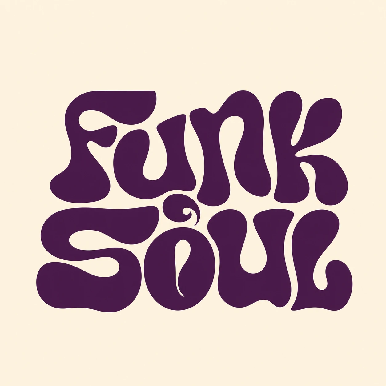 A retro 1970s-style hand-lettered word logo rendered in deep plum on a cream background.