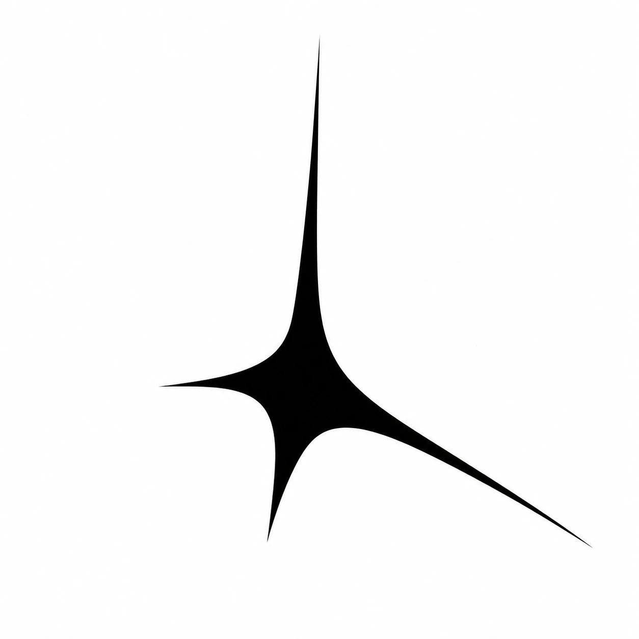 A minimalist black abstract star/spark glyph with three tapering concave arms on a plain white field.
