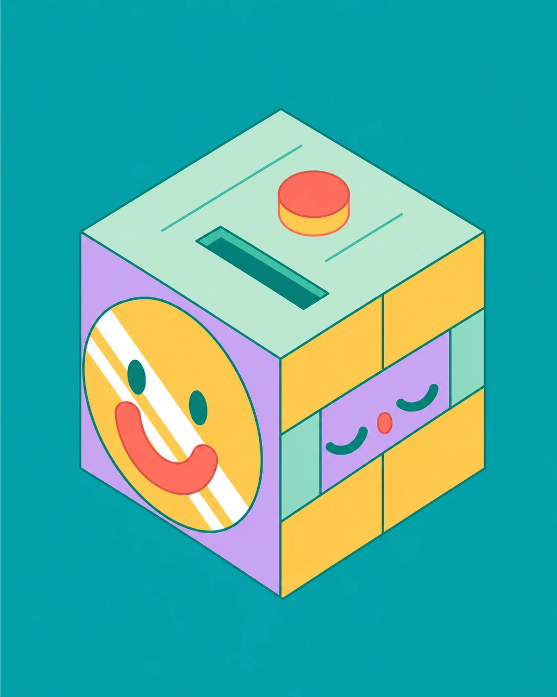 An isometric flat-vector illustration of a playful cube-shaped device with a coin slot, a button, and friendly cartoon faces on its sides.