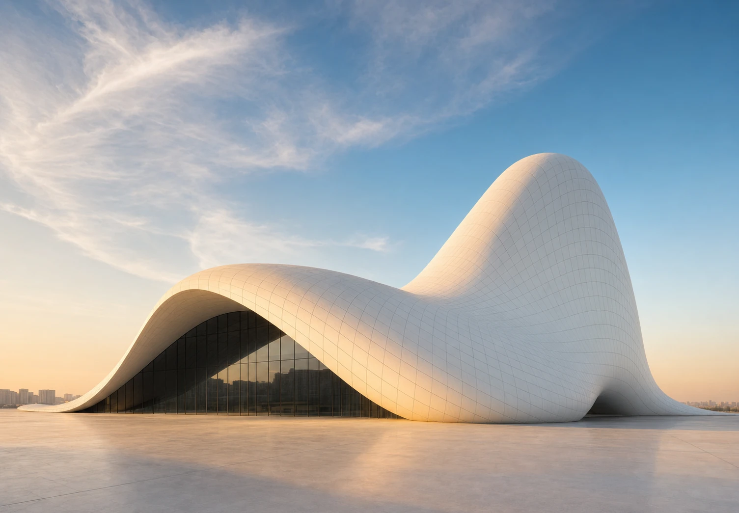 A sweeping, white organic-architecture building with flowing curves photographed against a soft sunset sky.