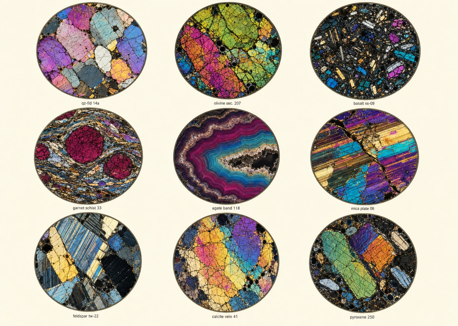 A 3x3 grid of circular petrographic thin-section microscopy views showing vividly colored mineral crystals, each labeled with a small specimen caption.