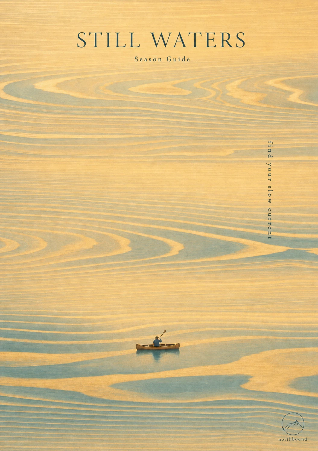 A serene minimalist poster of a lone canoeist on water rendered as flowing wood-grain patterns, with elegant serif title typography.