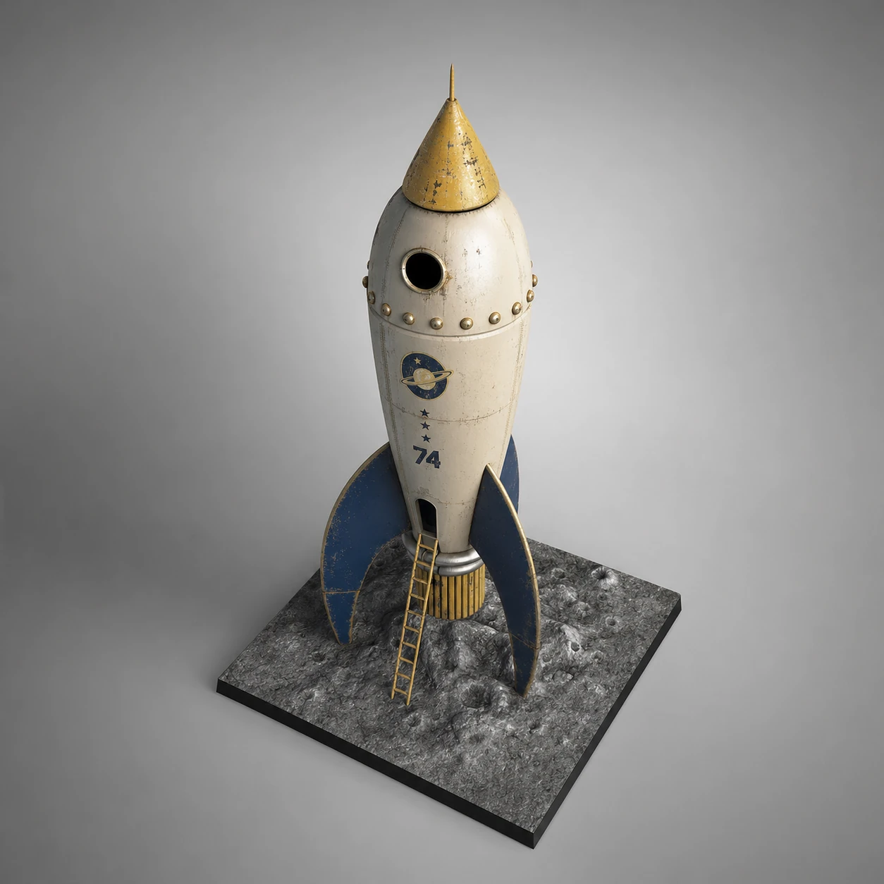 A retro-futuristic toy rocket ship displayed as a 3D-rendered diorama on a square moon-surface base in a clean studio setting.