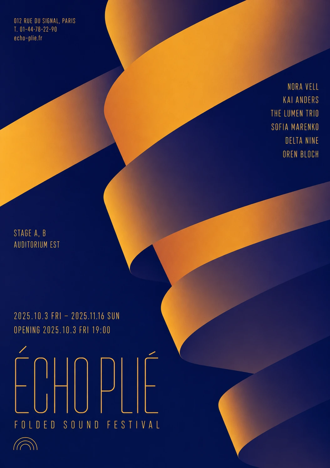 A minimalist event poster featuring a large vertical spiral ribbon in warm amber against a deep navy field, layered with refined typographic festival details.