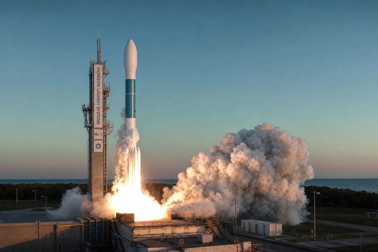 A photorealistic shot of a rocket lifting off from a coastal launch pad at golden hour amid billowing exhaust plumes.