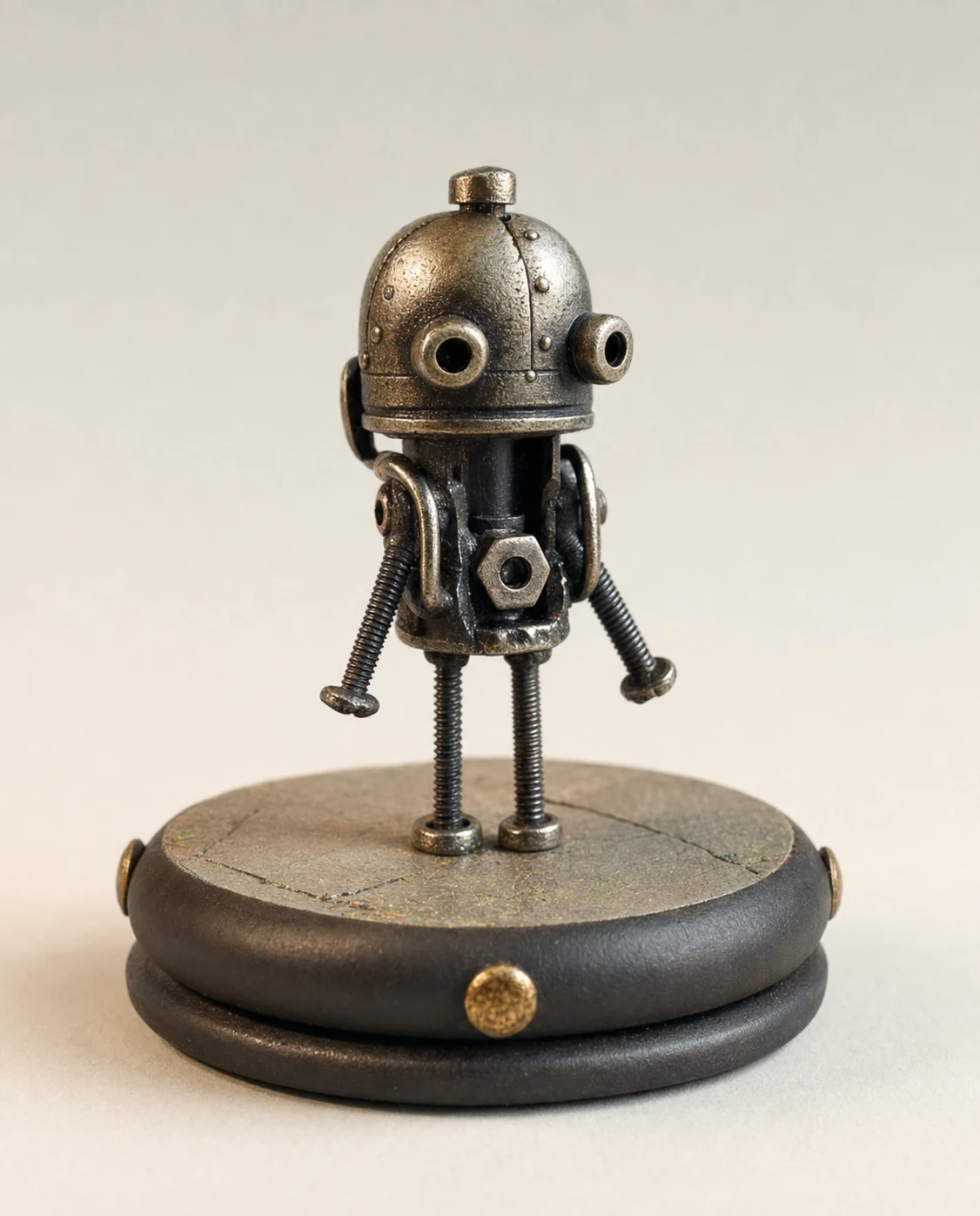 A handcrafted miniature steampunk robot figurine assembled from metal hardware, standing on a circular pedestal base.