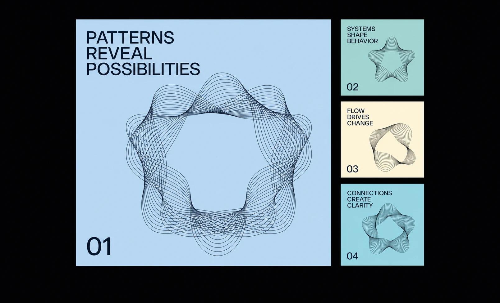 A modular poster-style layout pairing pastel panels with intricate generative line-art spirograph motifs and bold sans-serif headlines.