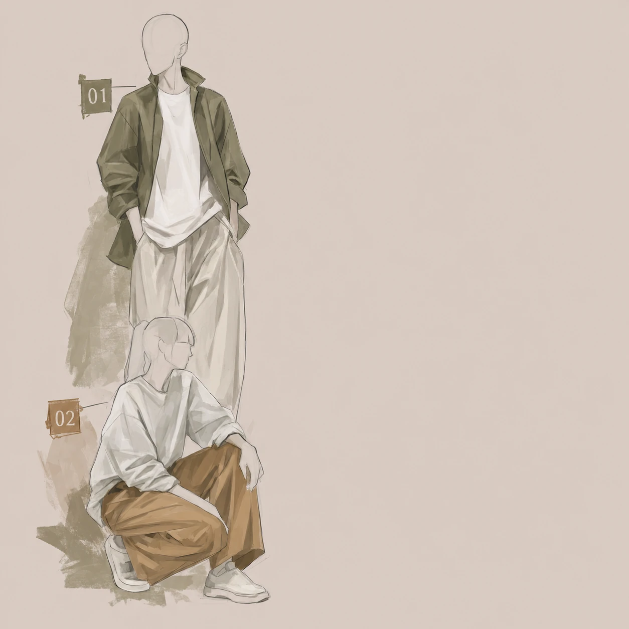 A minimalist fashion illustration showing two faceless figures in casual menswear outfits, labeled with small numbered tags.