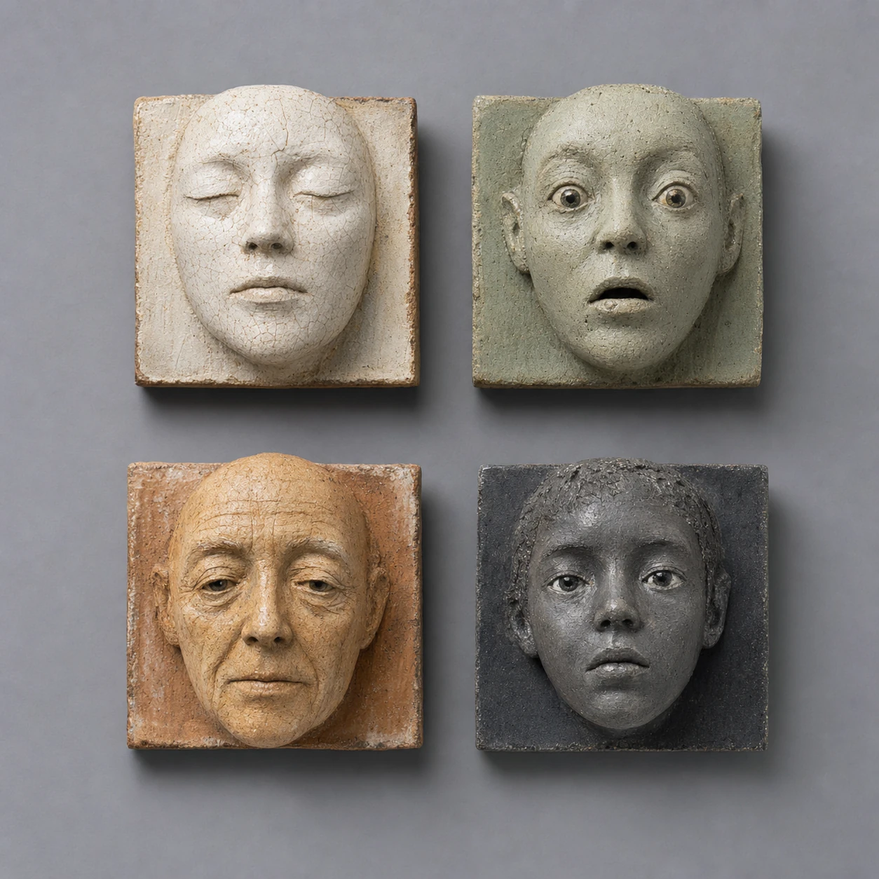 Four ceramic relief tiles, each bearing a sculpted human face with a distinct expression, arranged in a grid against a neutral gray wall.