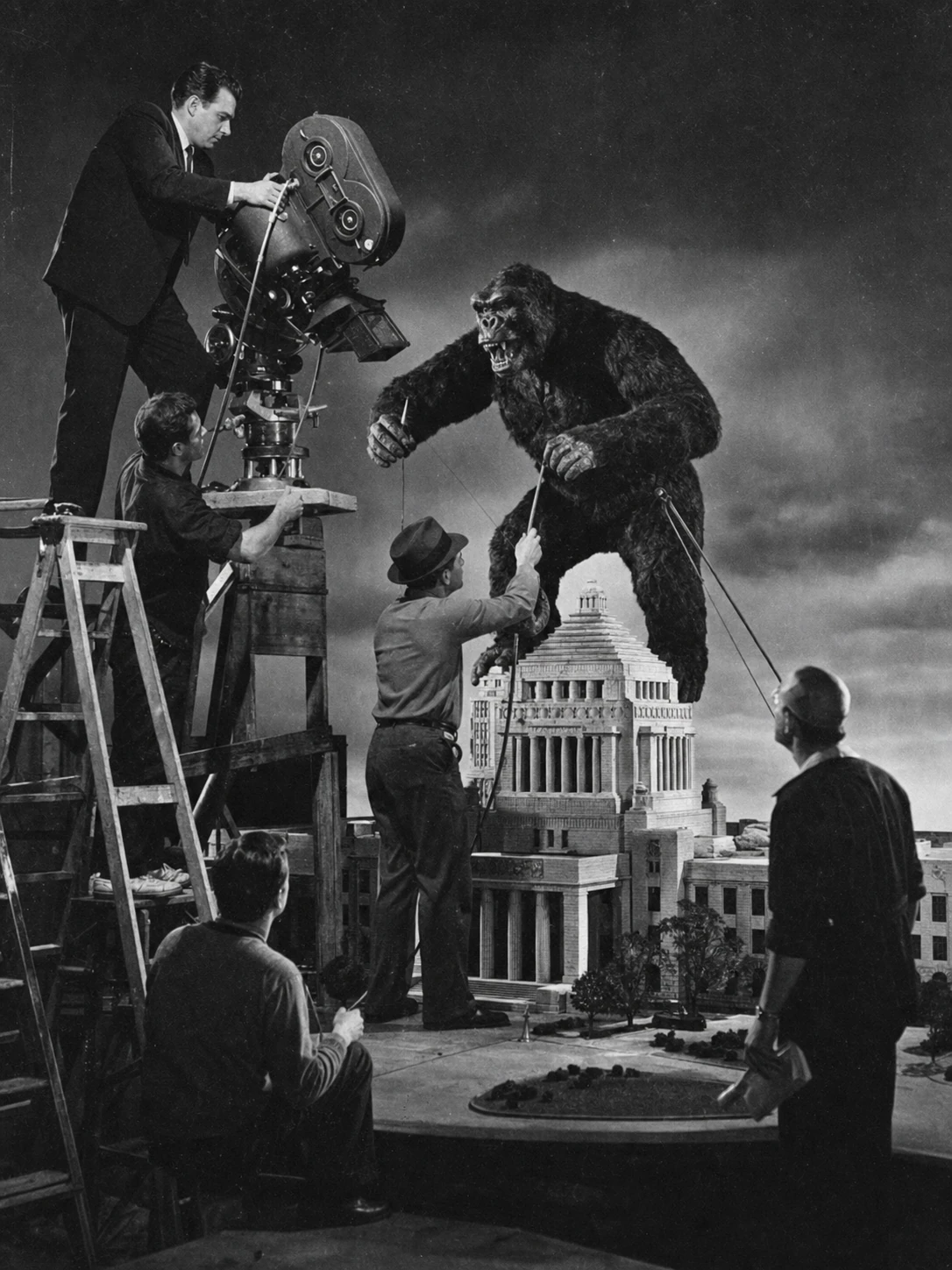 A vintage black-and-white behind-the-scenes photograph of a film crew operating a giant ape puppet over a miniature city model set.