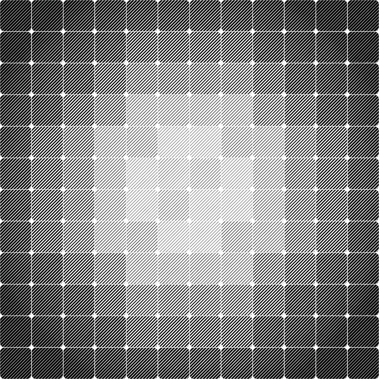 A monochrome grid of rounded squares filled with diagonal hatch lines that fade from dense black at the edges to bright white at the center, creating a radial g