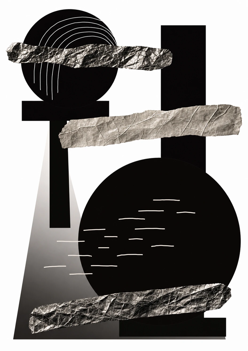 An abstract black-and-white collage combining solid geometric shapes with torn, crumpled paper strips and thin hand-drawn white lines.