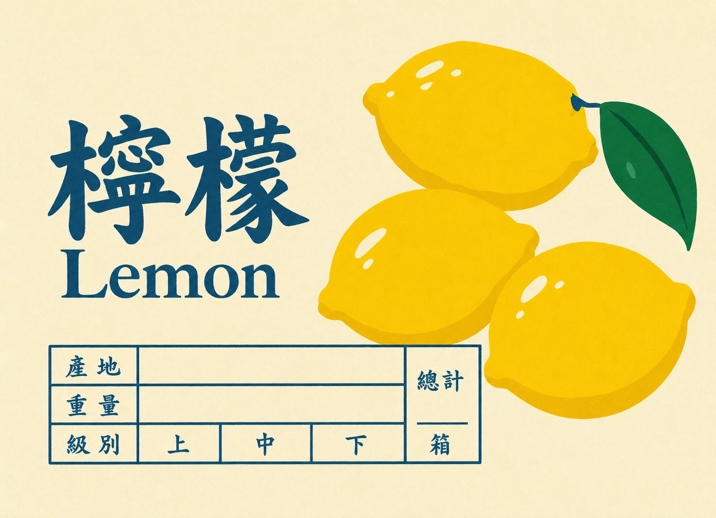 A vintage-style produce crate label featuring illustrated lemons with bold bilingual lettering and a grading information grid.