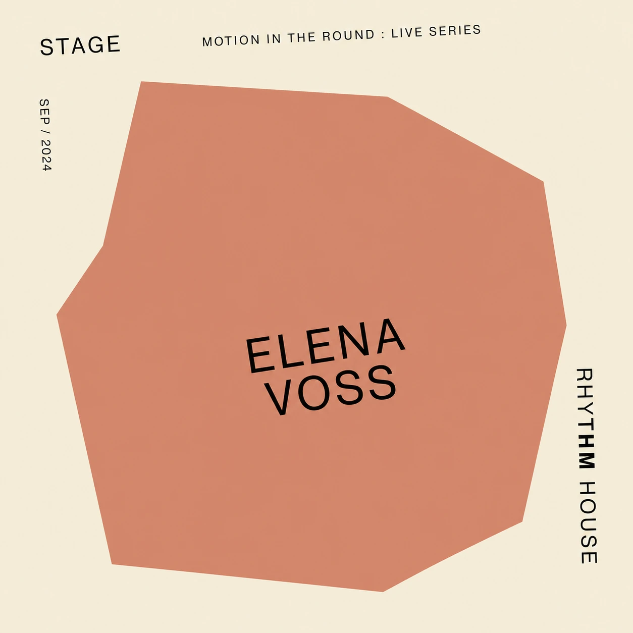 A minimalist event poster featuring a large irregular terracotta polygon centered on a cream background with a tilted artist name and sparse editorial text labe